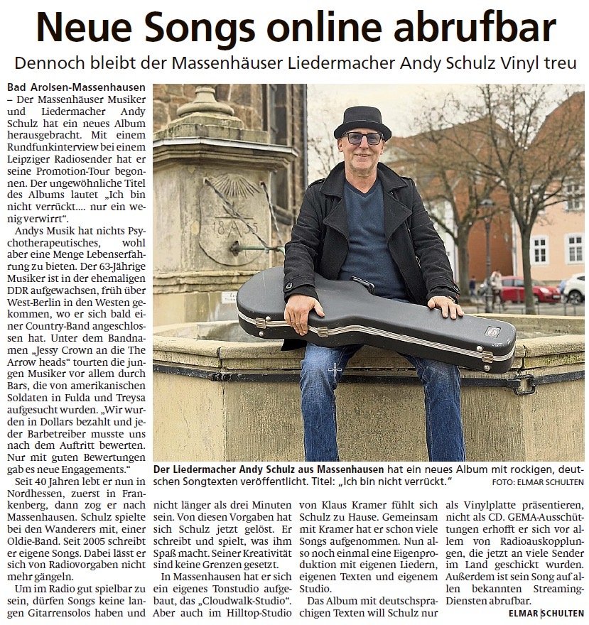 Zeitungsartikel über Andy Schulz aus der Waldecker Zeitung: Neue Songs online abrufbar